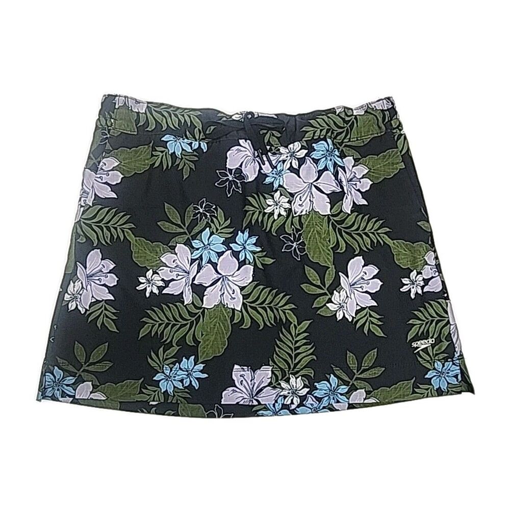 Speedo Skort Swim Skirt Women Sz Large Black Floral Pockets Stretch Pull-On